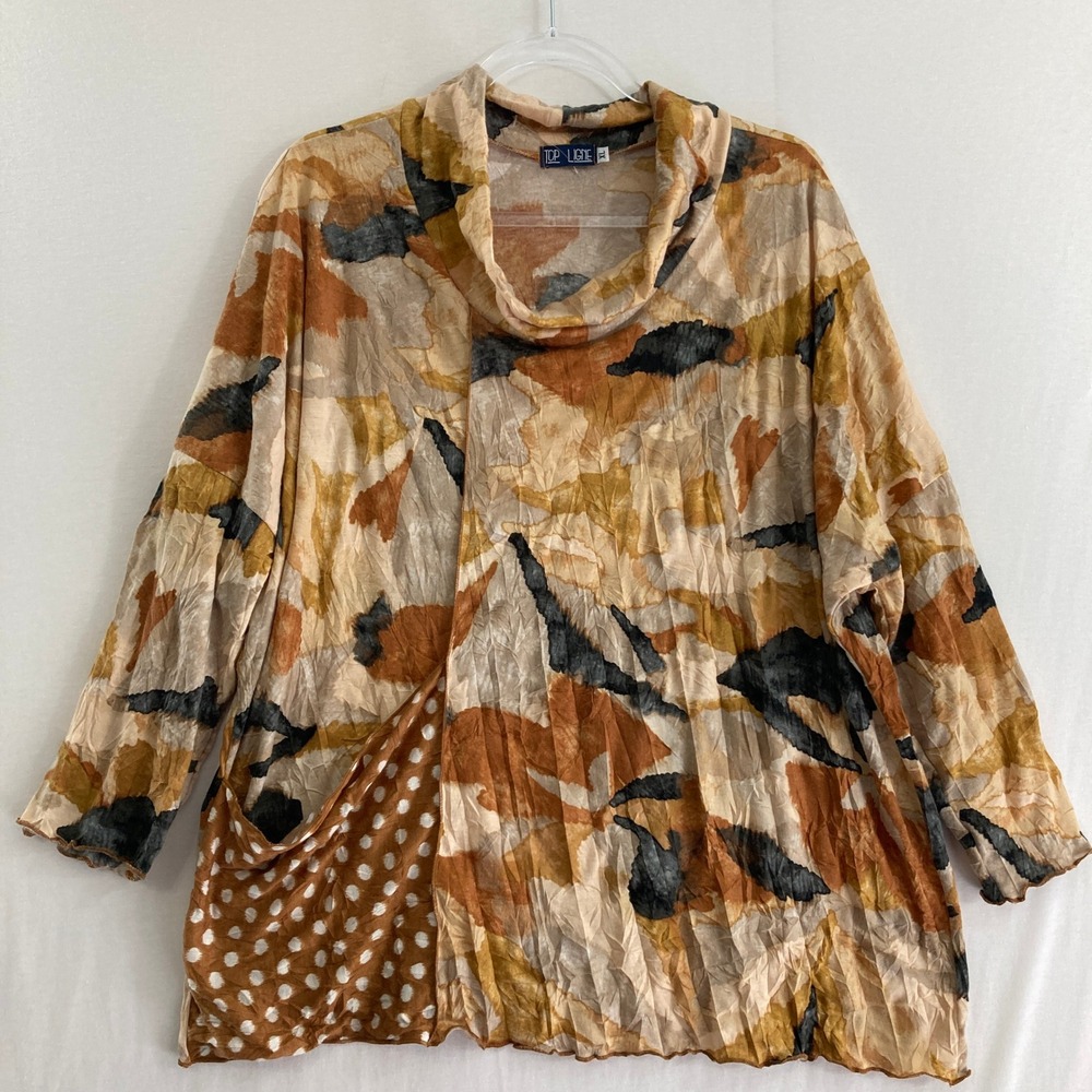 Top Ligne Blouse XL Cowl Neck Brown Abstract Crinkle Mixed Media Lagenlook Boho